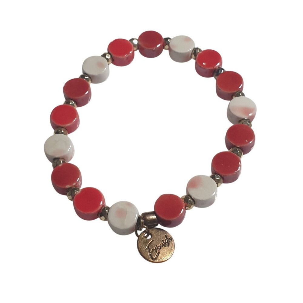 Vintage Erimish Ceramic Bead Bracelet Red White Handmade Stretch Band Gift Mom